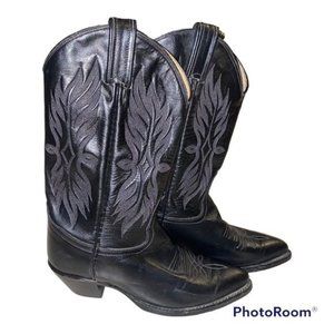 Tony Lama Classic Black Pointed Toe Cowboy Boots Feather Detail Leather Size 6.5